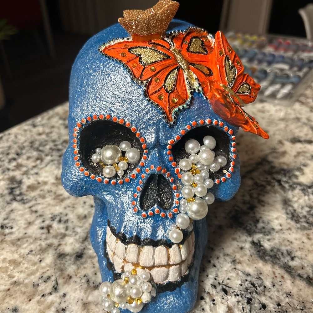 Day of the Dead-Blue Skull with Orange Butterfly Accent- Halloween Decor